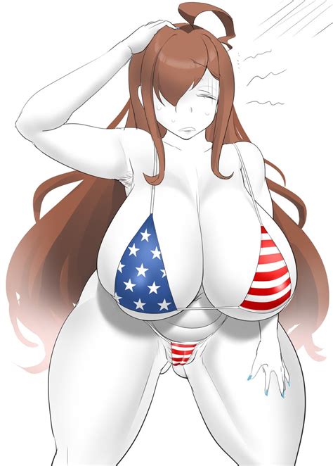 Rule 34 American Flag Bikini Brown Hair Closed Eyes Embarrassed Facing Viewer Huge Breasts