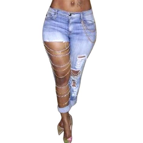 Women Sexy Destroyed Ripped Chain Denim Pants Vintage Large Hole Hollow