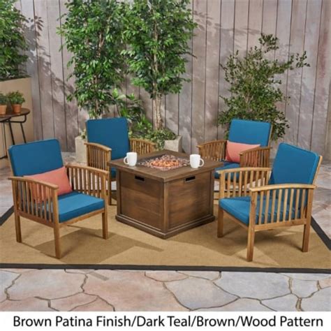 Noble House Carolina 5 Piece Outdoor Acacia Wood Chair And Firepit Set