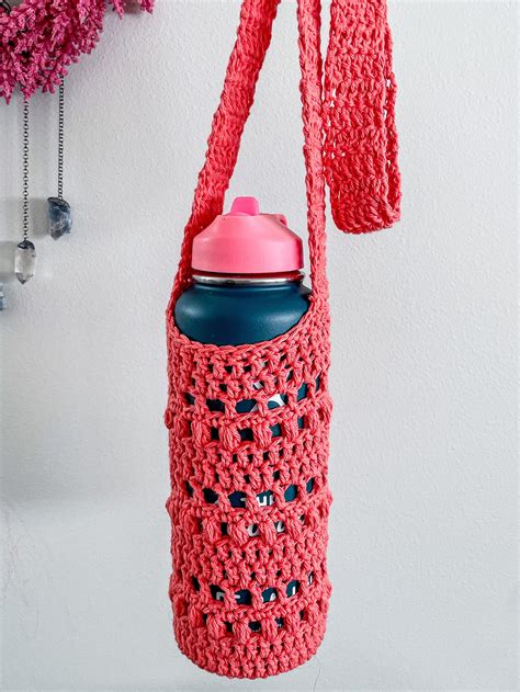 Water Bottle Bag Crochet Bottle Holder Coral Cotton Etsy