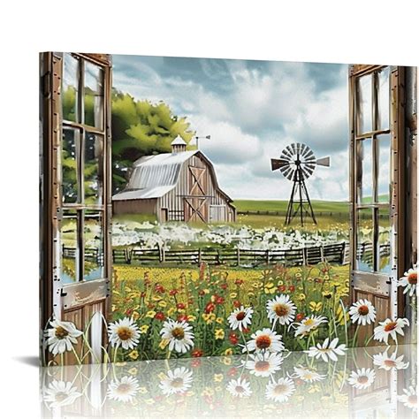 COMIO Farmhouse Barn Wall Art Country Vintage Watercolor Floral And