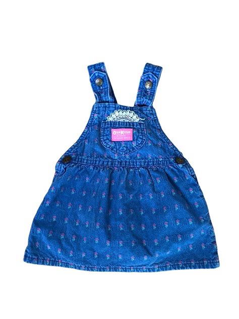 Vtg Oshkosh Bgosh Denim Jumper Overall Dress Pink Roses Lace Pocket