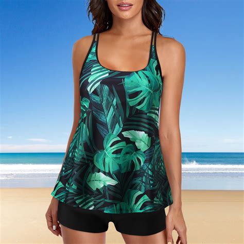 Plus Size Tropical Print Cyan Wide Strap Tankini Top Swimsuits For Women Two Piece Bathing Suits