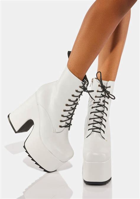 Lamoda Vegan Leather Lace Up Platform Heel Ankle Boots White Dolls Kill