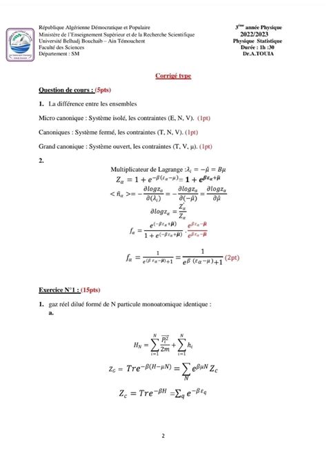 Examen De Physique Statistique Math Matique Pour La Physique Studocu