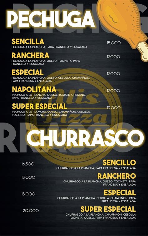 Menu at Alis Pizza restaurant, Bogotá