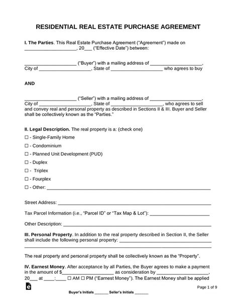 Free Residential Real Estate Purchase Agreement - Word PDF – eForms For home purchase agreement ...