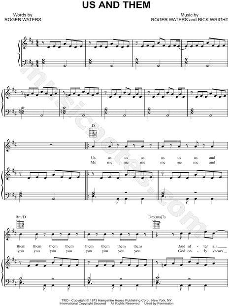 Pink Floyd Us And Them Sheet Music In D Major Transposable Download And Print Sku Mn0102495