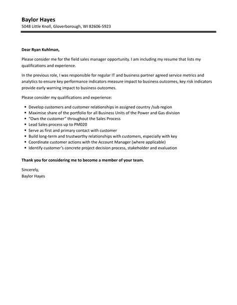 Field Sales Manager Cover Letter Velvet Jobs