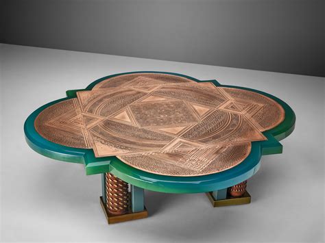 Unique Armand Jonckers Coffee Table in Green Resin and Copper For Sale