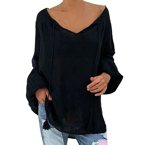 Jaycosin Casual Blouse Womens Loose Plus Size Solid Long Sleeve V Neck