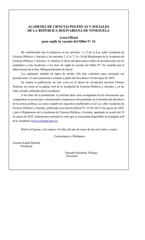 Aviso Oficial para llenar la vacante del Sillón N 16 ocurrida por el