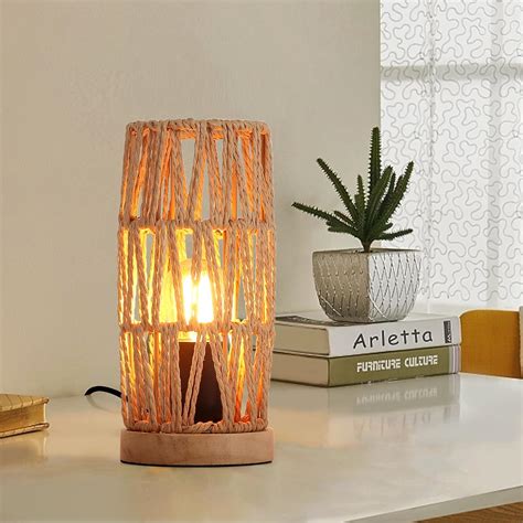 Sunllok Boho Nachttischlampe Mit Holz Sockel Retro Rattan Lampe Kleine