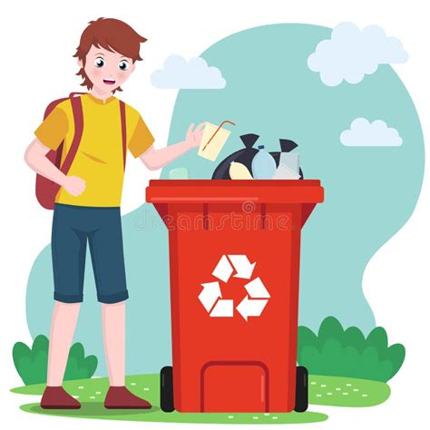 Kid School Boy Put Trash Garbage Into Recycle Bin Trash Can Green Earth