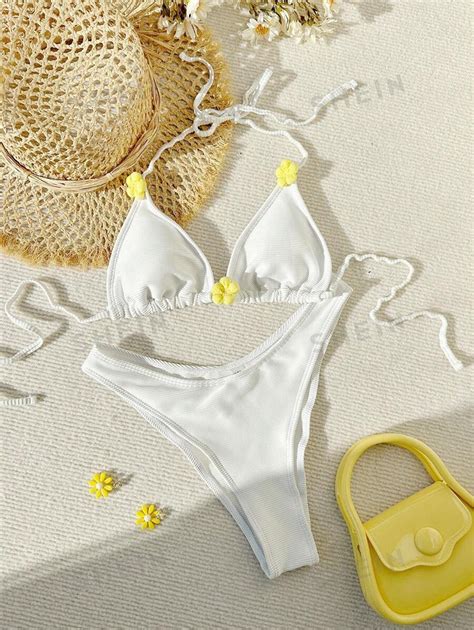 Shein Swim Vcay Conjunto De Bikini Con Taza Triangular Y Flores En D