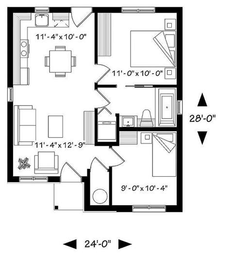 Plano de cabaña económico con 2 dormitorios y 58m2