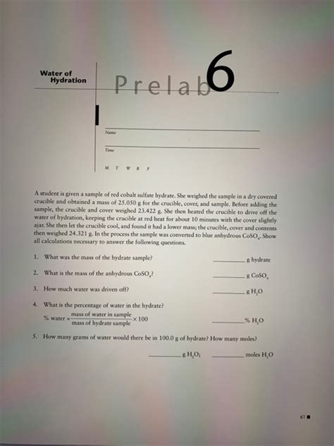 Solved Water of Hydration 6 Prelab Nome Тати M T W RF A Chegg