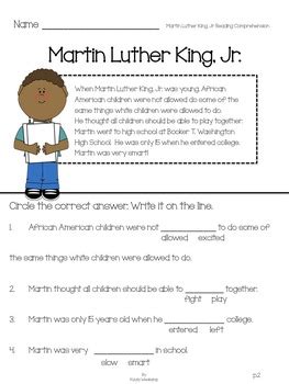 Martin Luther King Jr Reading Comprehension By Kayla Weskamp Tpt