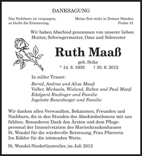 Traueranzeigen Von Ruth Maa Saarbruecker Zeitung Trauer De