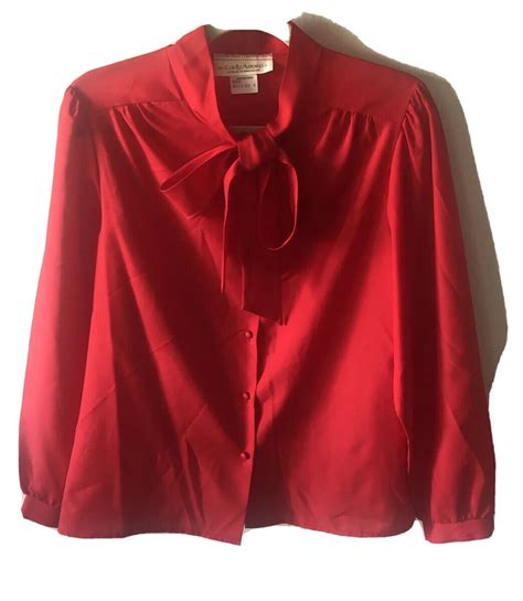 Lady Arrow Vintage Fun Red Pussy Bow Tie Neck Blouse Gem