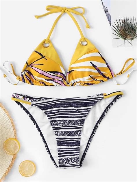 Random Leaf Print Halter Top With Striped Bikini Shein Sheinside Tank