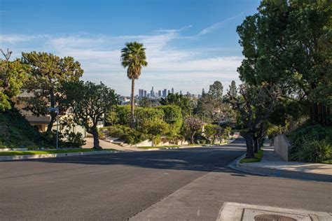 Los Angeles Residential Street With Downtown La Skyline Editorial