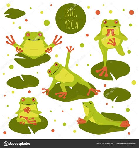 Frog Yoga Poses And Exercises Cute Cartoon Clipart Set Stock Vector