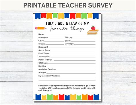 Teacher Favorite Things Survey Printable Instant Download Teacher