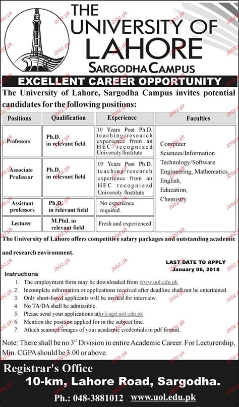 The University Of Lahore Teaching Jobs 2024 Job Advertisement Pakistan