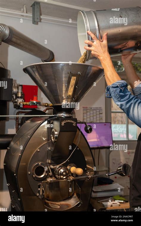 Green Coffee Is Poured Into The Roasting Machine Coffee Roasting