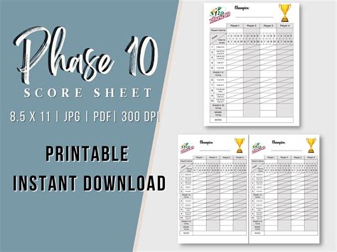 Phase 10 Card Game Printable Score Card Phase 10 Pdf Score Sheet Digital Download Score Sheet