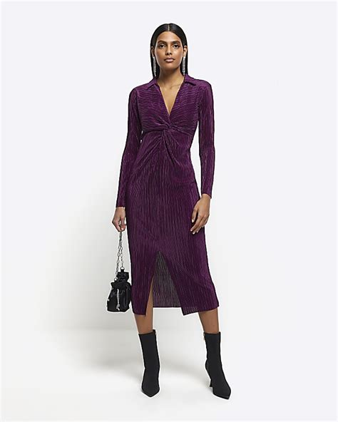 Purple Plisse Bodycon Midi Dress River Island