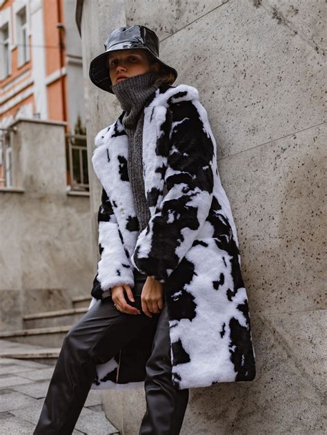 Cow Print Faux Fur Midi Coat Women Black And White Spotted Etsy