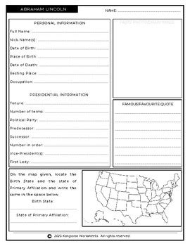 ABRAHAM LINCOLN - Fact File Worksheet - Research Sheet by Kangaroo ...