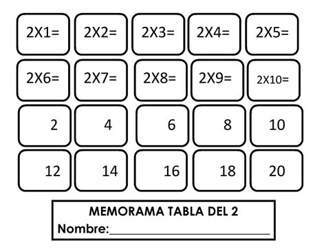 Memorama Tablas 1 9 Repaso 2X6 2X7 2X8 2X9 2X10 2 4 6 8 10 12