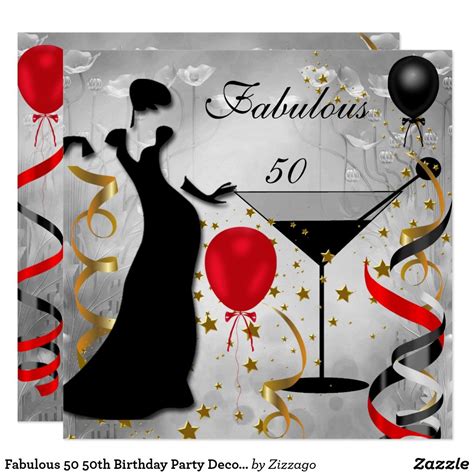 Fabulous 50 50th Birthday Party Deco Lady Red Invitation 50th Birthday Cards