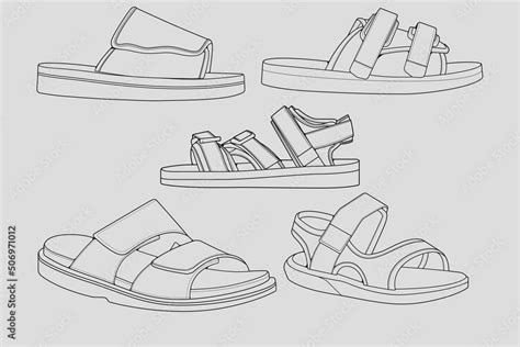 Set Of Outline Cool Strap Sandals Strap Sandals Outline Drawing Vector