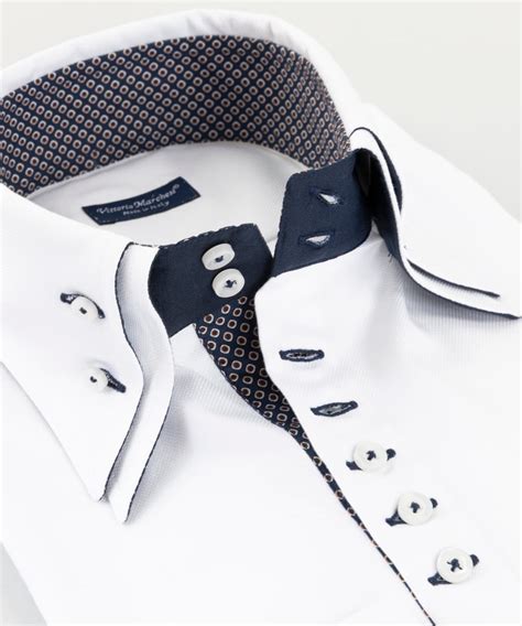 Double Collar Shirt White Oxford Motif Inserts Vittorio Marchesi