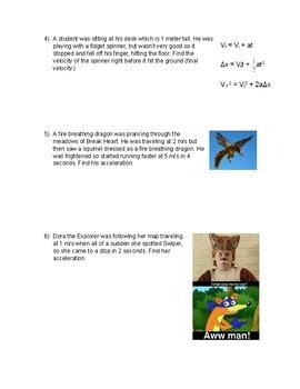 Kinematic Equations Practice Problems (Vertical and Horizontal) by ...