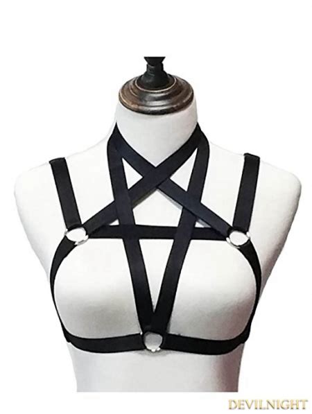 Black Sexy Gothic Pentagram Harness Cupless Bra Uk