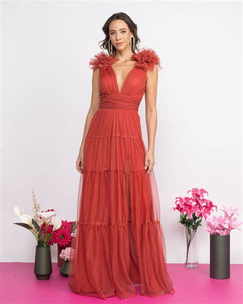 Vestido Festa Longo Denise Terracota Ombro Pom Pom Saia Marias Fenda