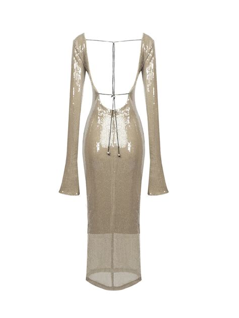 Mew Mews Aoibhe Long Sleeve Sequin Backless Maxi Dress In Apricot