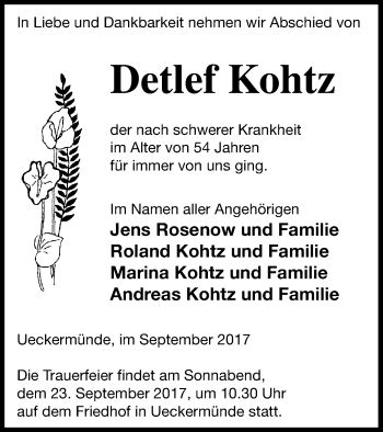 Traueranzeigen Von Detlef Kohtz Trauer Nordkurier