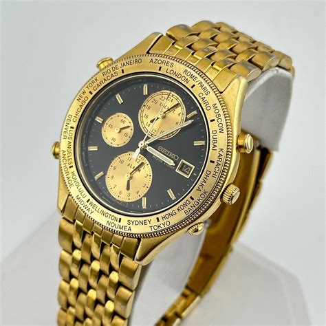 Seiko World Timer Chronograph Quartz Watch With Gold Tone Case And Bracelet C April 1991 Etsy