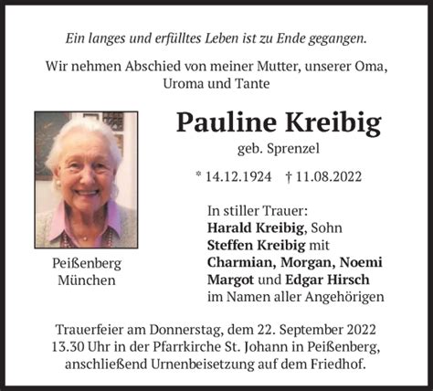 Traueranzeigen Von Pauline Kreibig Trauer Merkur De