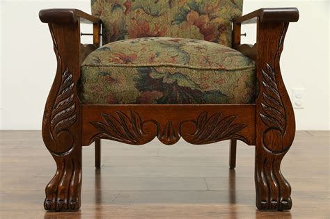 Oak Antique 1900 Morris Recliner Chair Lion Paw Feet Recent Upholstery