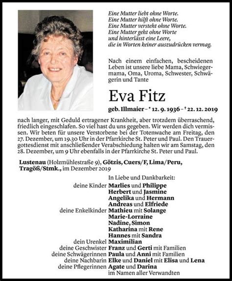 Todesanzeigen Von Eva Fitz Todesanzeigen Vorarlberger Nachrichten