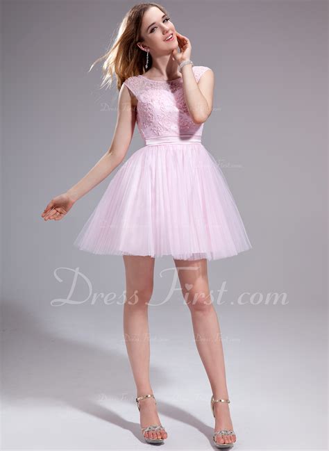 A Line Princess Scoop Neck Short Mini Tulle Lace Prom Dresses With