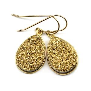 Golden Drusy Earrings Druzy Teardrop Shape 14k Solid Yellow Gold Or