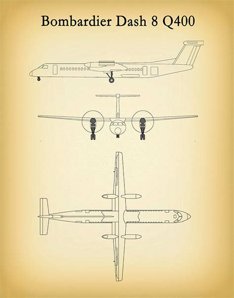 Bombardier Dash 8 Q400 Drawing, Dash 8 Airplane Poster, Pilot Art, De Havilland Canada DHC-8-400 ...